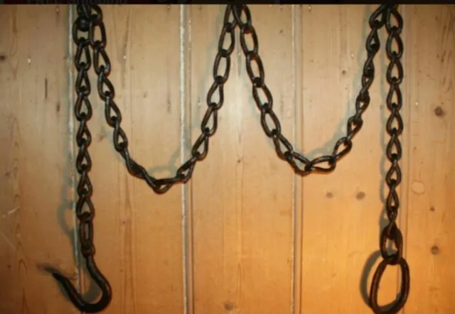 Antique Wrought Iron Hook on Length of Chain  Vintage Beam Iron Ring 82 inches