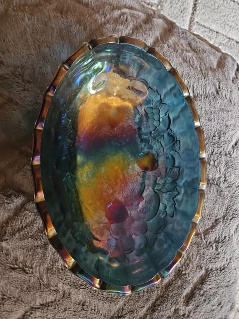 Indiana Carnival Glass Fruit Bowl Harvest Grape Blue Footed Oval Iridescent