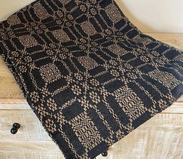 New Primitive Colonial LOVER KNOT BLACK TAN COVERLET SHOWER CURTAIN Woven 72"