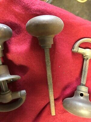 Vintage Antique Solid Brass Door Knobs SET / pull with plate -great patina old 3