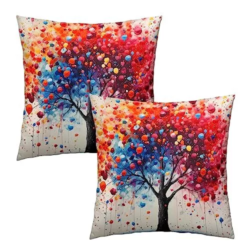 Abstract Tree Art Pillow Covers - Colorful Four Season Tree Throw Pillow Cove...