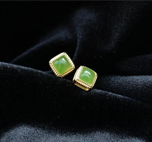 Green Jade Earrings Jasper Small Sugar Earrings 18K Gold-plated Jewelry