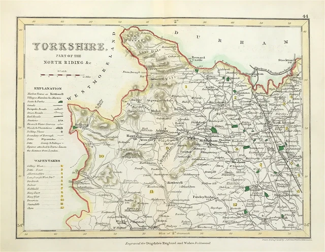 MAP NORTH RIDING Yorkshire 1840 Town Parks Rail Road hand colour ...