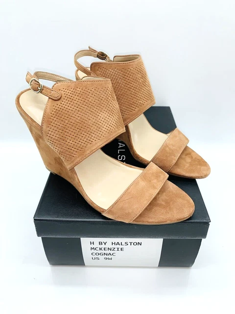 H by Halston Women's McKenzie High Wedge Suede Sandals -Cognac, Size US 9W