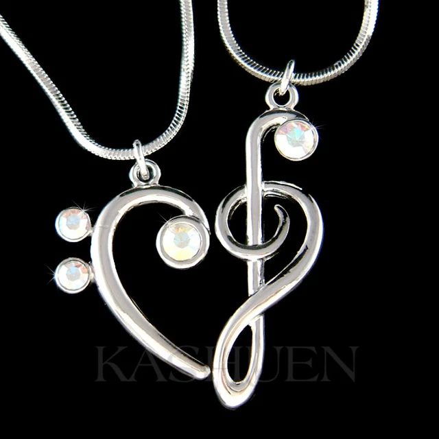 Treble Bass Clef 2 MUSIC made with Swarovski Crystal Best Friends Heart Necklace
