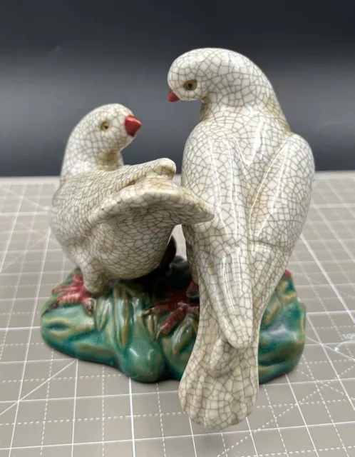 Mid Century Modern Chinese Crackle  Porcelain Doves Figure on Green Ground Base 3