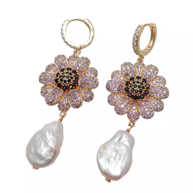 CULTURED WHITE COIN Pearl Cz Pave Flower Shape Dangle Hoop Earrings $17 ...