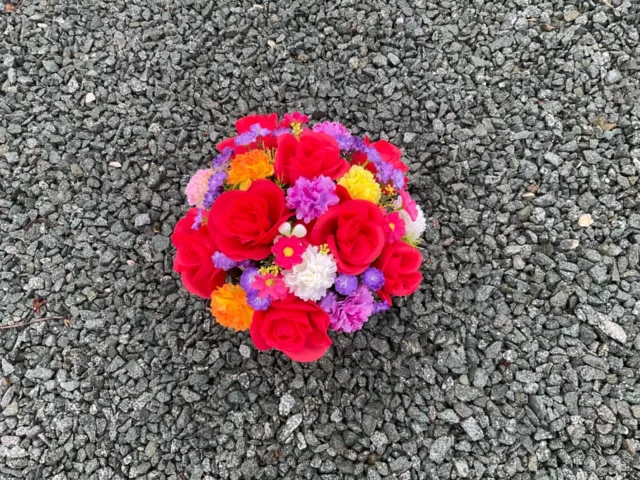 mixed mum and red rose  flower arrangement in grave/memorial/crem pot freepost