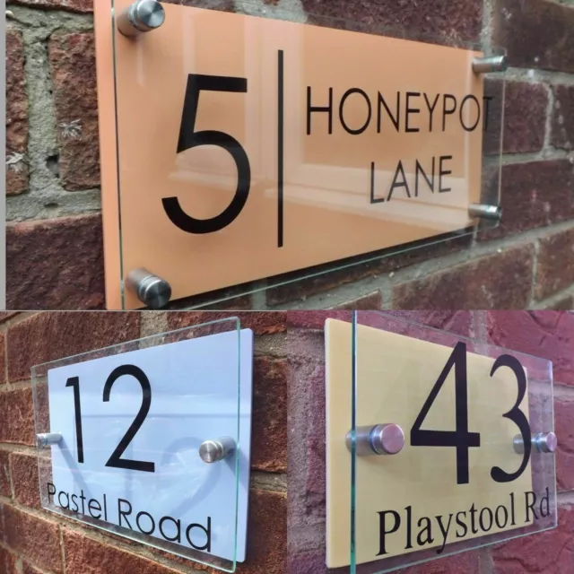 Glass Acrylic House Sign Modern Aluminium/Pastel Door Number Name Road Plaque