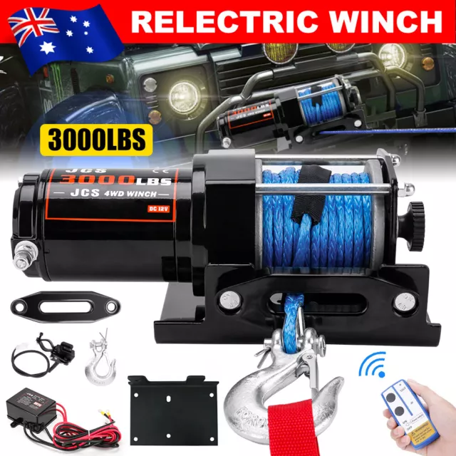 Portable 12V Electric Winch Boat 3000LBS Synthetic Rope Wireless Remote ATV 4WD