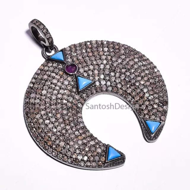 Beautiful Horseshoe Silver Black Oxidized Turquoise Ruby Pave Diamond Pendant