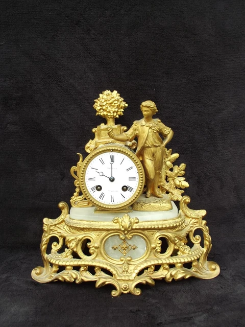 ANCIENNE PENDULE BRONZE Albatre XIX Jeune Homme Au Bouquet De Fleurs