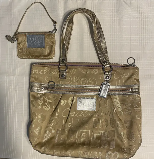 Coach Poppy Glam Story Patch Shoulder Bag with Matching Coin Purse GOLD