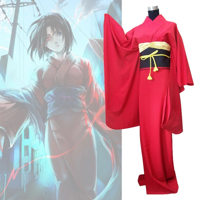 Japan Traditional Women Ryougi Shiki Red Furisode Kimono Cosplay Costume Set