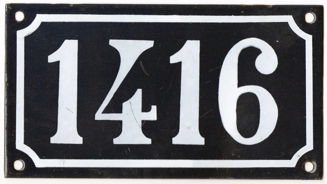 Old blue French house number 1416 door gate plate plaque enamel steel metal sign