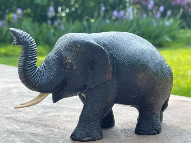 Thai Teak Wood Elephant Sculpture Hand Carved Wooden Figurine Lucky Statue 6.5"L