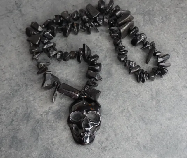 Whitby Jet Skull Necklace, Rare, Hand carved By Clovis