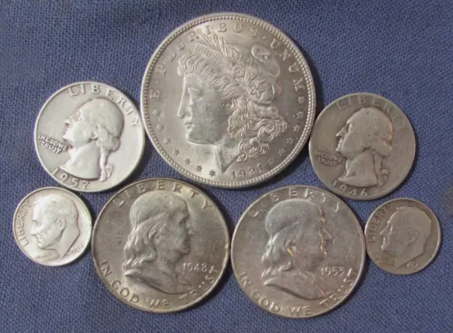 Lot 7 Us Silver Coins 1921 Morgan Silver Dollar 1948 & 1953 Half Dollars Etc