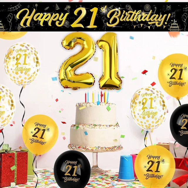 21ST BIRTHDAY PARTY Banners 19 Pieces Black Gold Confetti Balloons
