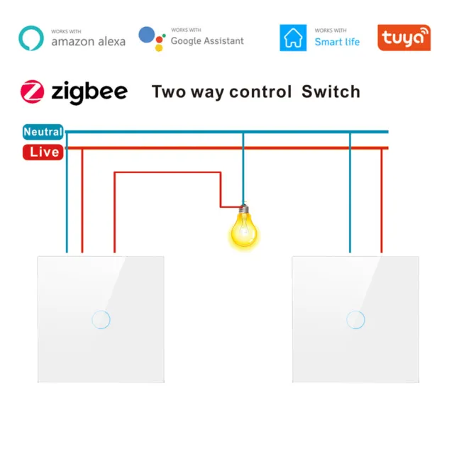 2PCS Tuya Zigbee 2 Way UK Touch Light Switch 1/2/3/4 Gang Smart Life APP f Alexa