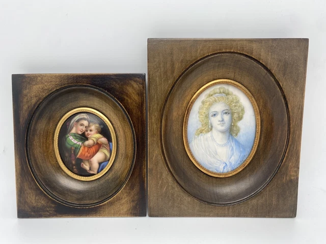 Paire peintures Anciennes miniatures porcelaine 19ème Vierge, Marie-Antoinette