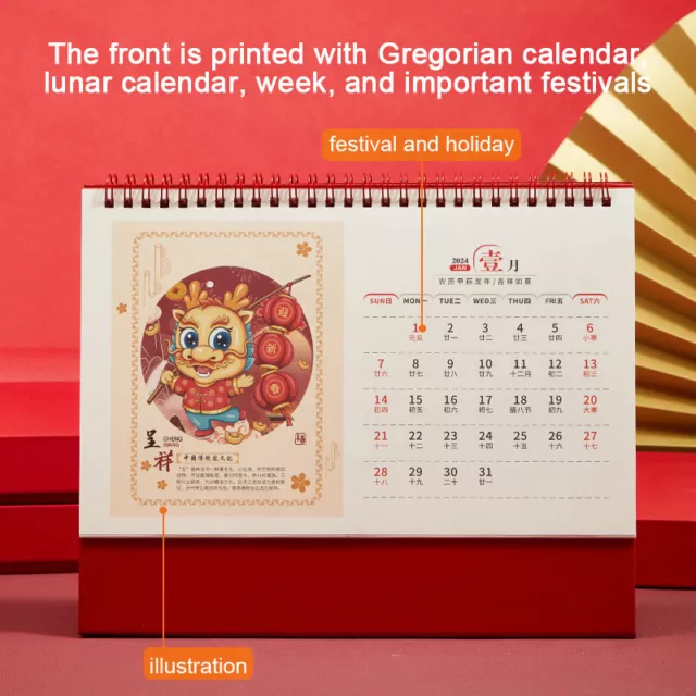 2024 Chinese Dragon Year Simple Desk Calendar Mini Desktop Paper Calen^:^