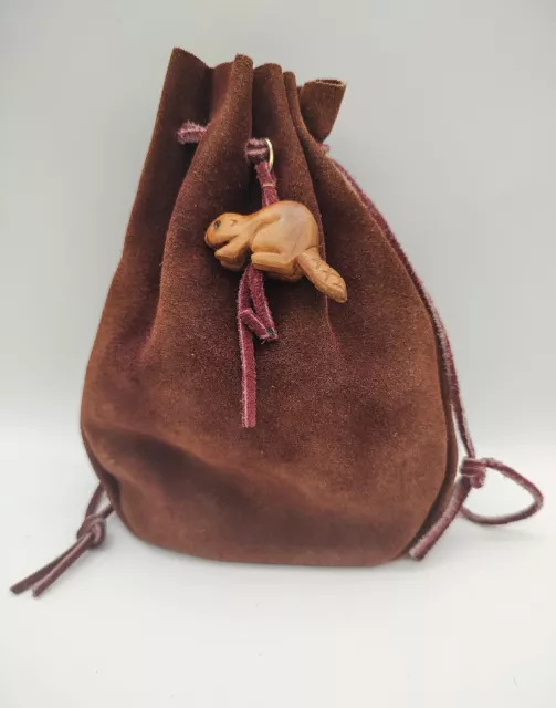 leather Suede Pouch Drawstring / Wood Beaver Accessory Handmade