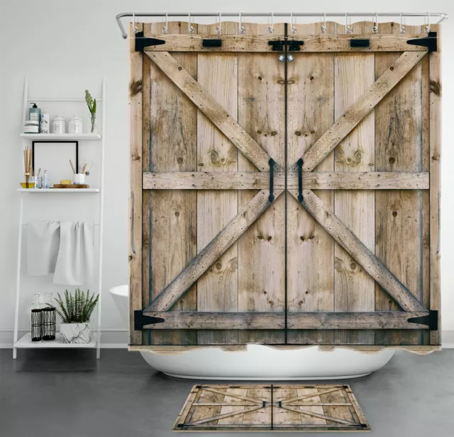 Rustic Farmhouse Barn Wood Door Shower Curtain & Hooks Bathroom Accessory Sets