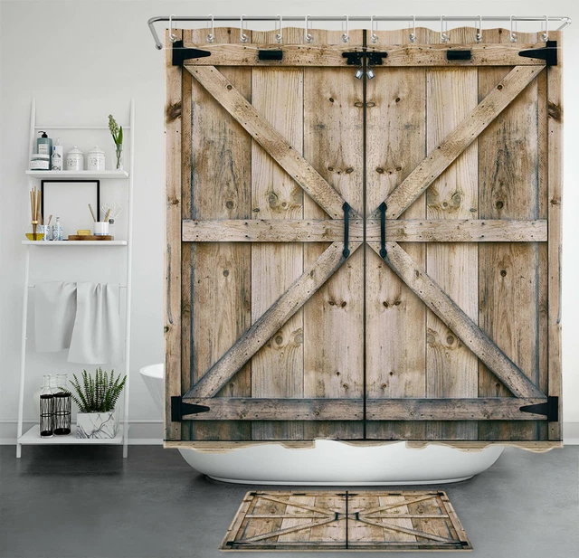 Rustic Farmhouse Barn Wood Door Shower Curtain & Hooks Bathroom Accessory Sets