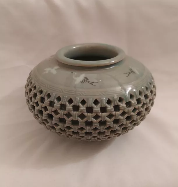 Korean Goryeo Celadon Green Reticulated Bowl Double Walled Basket Weave Crane