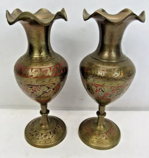 Vintage Brass Embossed etched Floral Pedestal Vase Set of 2 Made In India 7 In