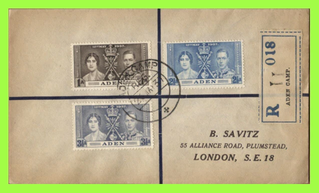 Aden 1937 KGVI Coronation set on printed reg. Cover, Aden Camp