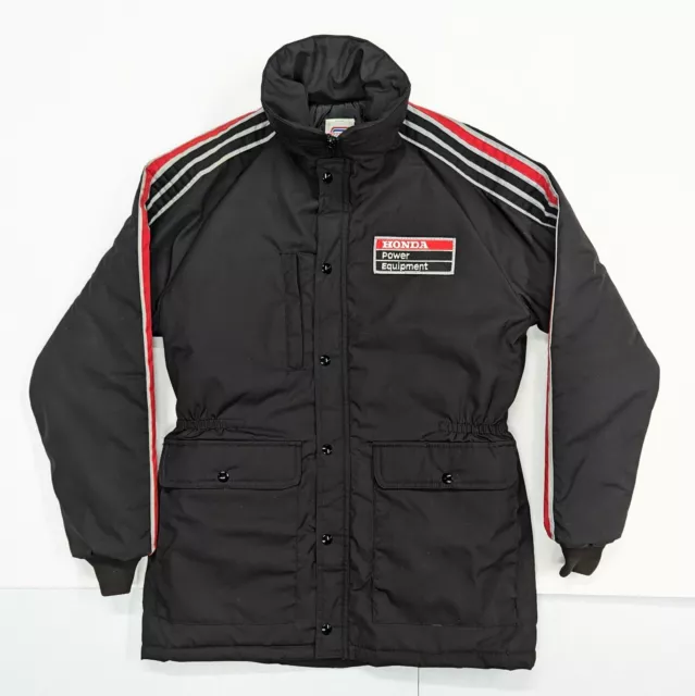 Honda Power Equipment Mens M Vintage Jacket Parka Black Quilted 3 Stripes USA