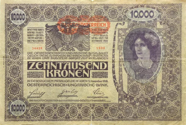 Österreich-Ungarn Austria-Hungary BANKNOTE 10000 Kronen 1918 Aufdruck waagrecht