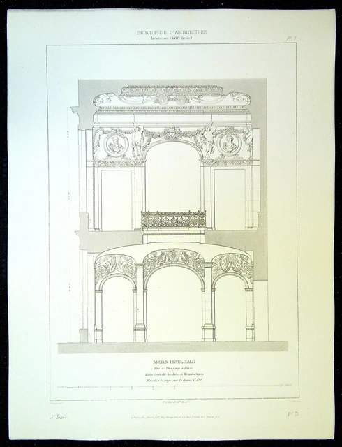 Ancienne Gravure d'Architecture Ancien Hôtel Salé escalier coupe
