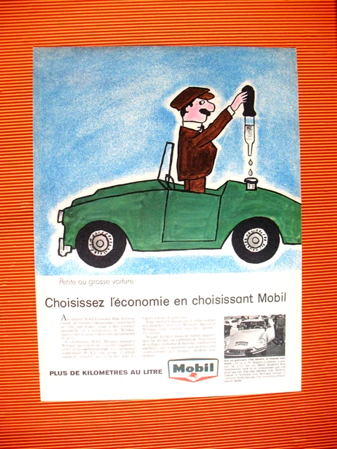 Publicite De Presse Mobil Huile Moteur Economique Illustration Savignac Ad 1959