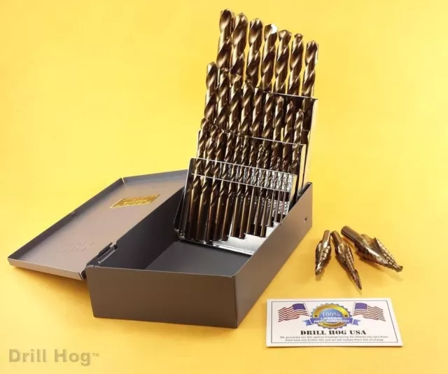 29 Pc Cobalt Drill Bit Set M42 + Step Drill Set Lifetime Warranty Drill Hog USA