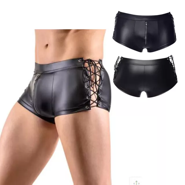 Men's Sexy Faux Leather Boxer Shorts Zipper Bulge Pouch Booty Shorts Underpants