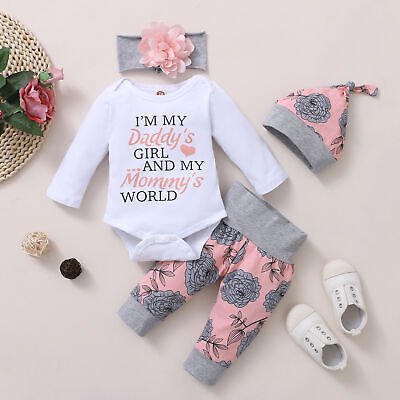 Newborn Baby Girls Bodysuit Romper Pants Headband Infant Outfits Clothes