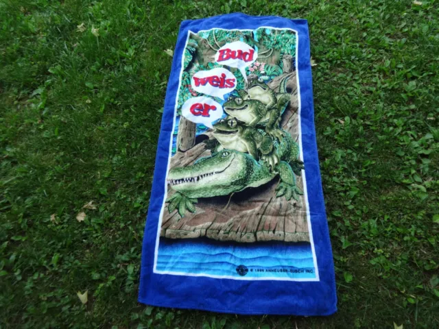Vintage 1996 Budweiser  Beach Towel Bud Frogs and Alligator 27" x 56"