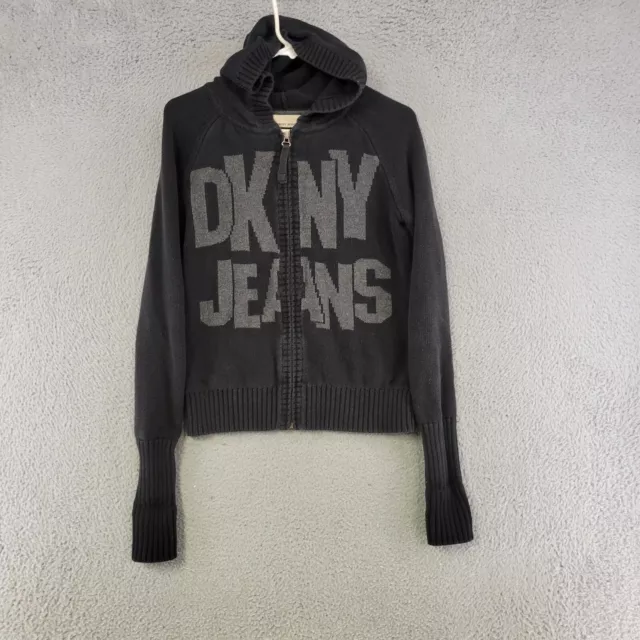 DKNY Jacket Womens L Large Black Full Zip Hooded Spell Out Knit Casual