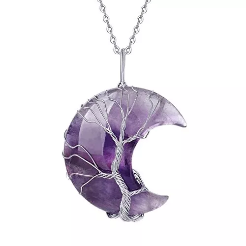 Gemstone crystal quartz Wire Wrapped crescent moon tree of life necklace pendant