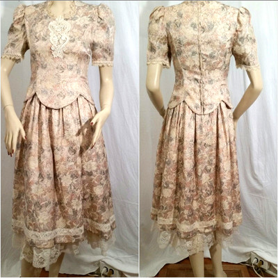 VTG 1980s JESSICA MCCLINTOCK LACE ACCENTS FLORAL PRINT MIDI DRESS sz XS