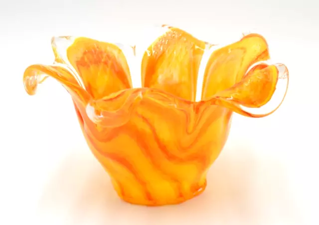 Brilliant Orange Glass Petal Bowl Tropical Flower 8" Diameter EUC
