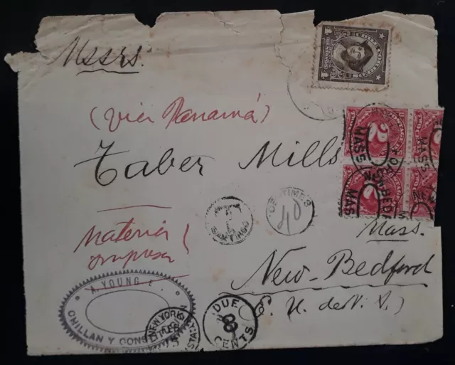 RARE 1917 Chile Cover ties 5 stamps with 4 Postage Dues Taxed to USA