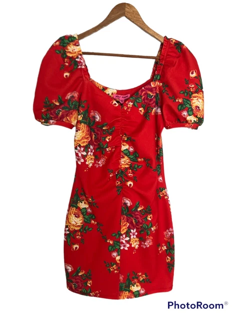 Betsey Johnson Size M Fire Flower Red Mini Pullover Dress Short Puff Sleeves