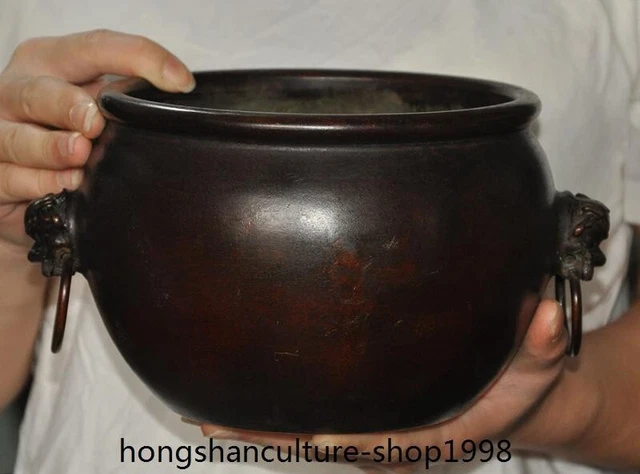 8.8'' China temple Offering Handle Lion Tank Pot Cylinder Incense burner Censer