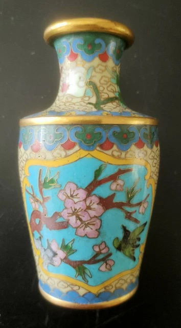Lot De 2 Vases émaux Cloisonné - Décor Fleur De Cerisier Et Oiseau - Occasion
