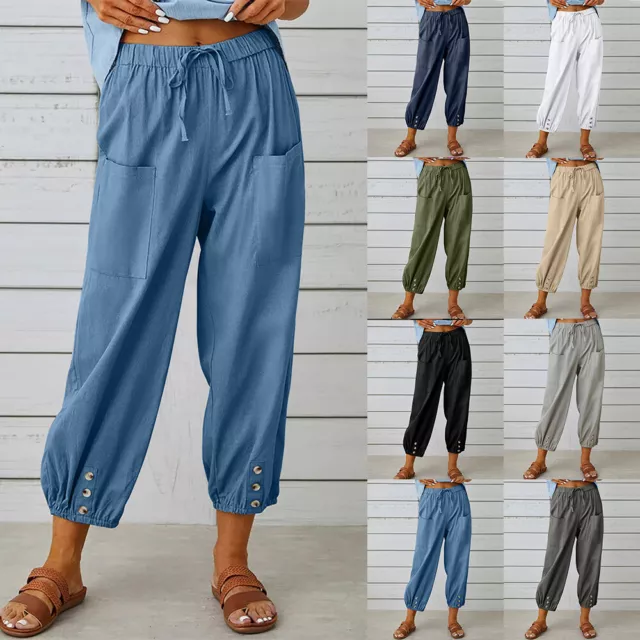 Womens Cotton Linen Cropped Harem Pants Summer Combat Cargo Wide Leg Trousers US