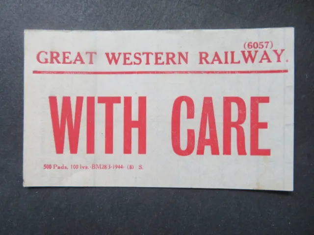 Vintage Unused GWR With Care Luggage Label